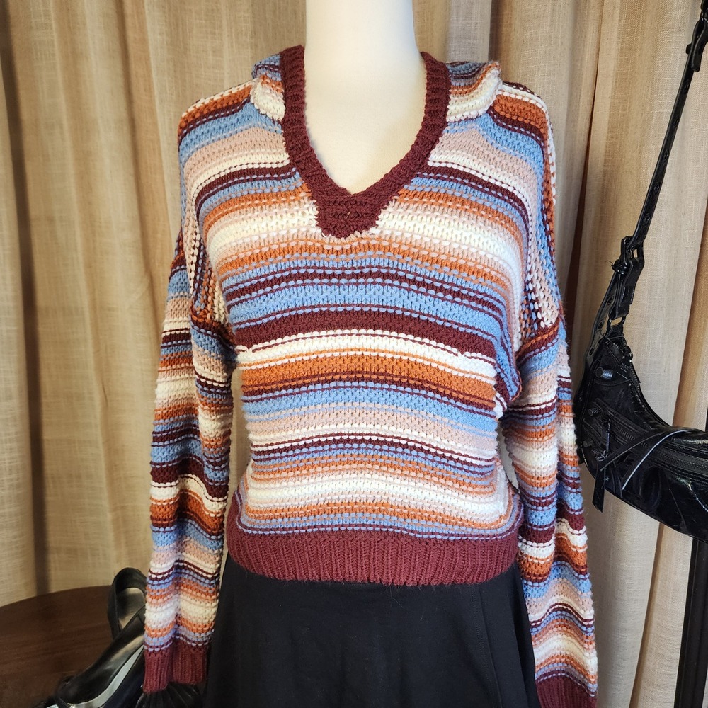 Cotton On Striped Crochet Knit Hoodie M Burgundy Blue Boho 70s Sweater